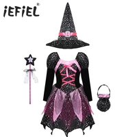 kids girls halloween witch scary costume outfit set long sleeve sparkly stars printed dress with pointed hat wand candy bag