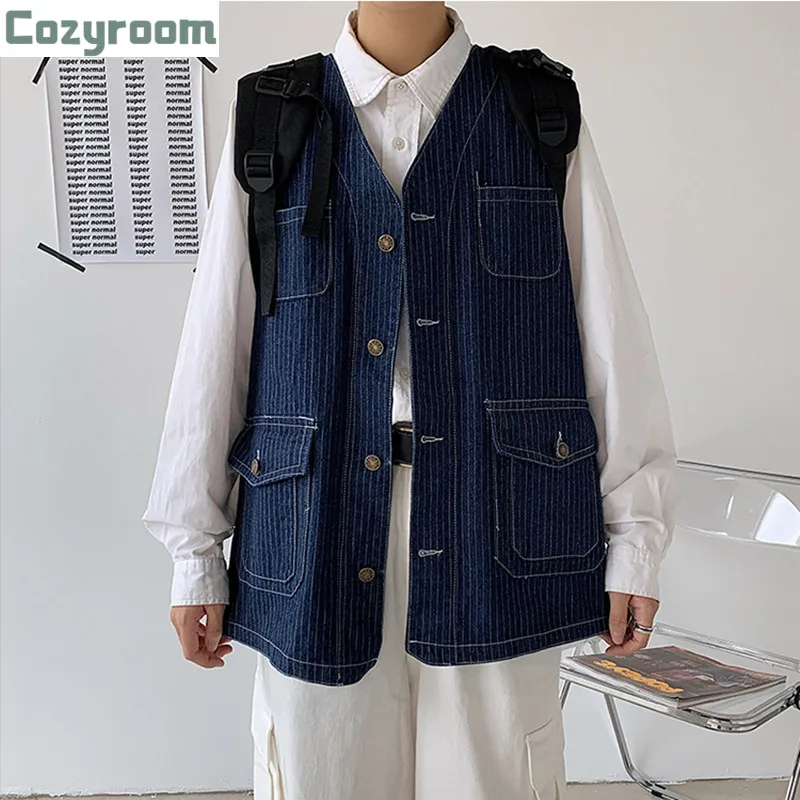 

Весна 2021, полосатый джинсовый жилет Amekaji, винтажный жилет с несколькими карманами для мужчин и женщин