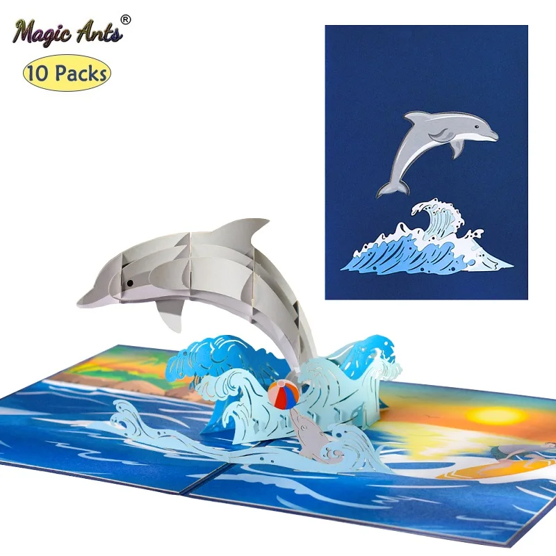 Tarjeta de cumpleaños de delfín 3D para niños y mujeres, tarjeta de felicitación de animales adorables para el día de la madre, regalo de agradecimiento, 10 paquetes