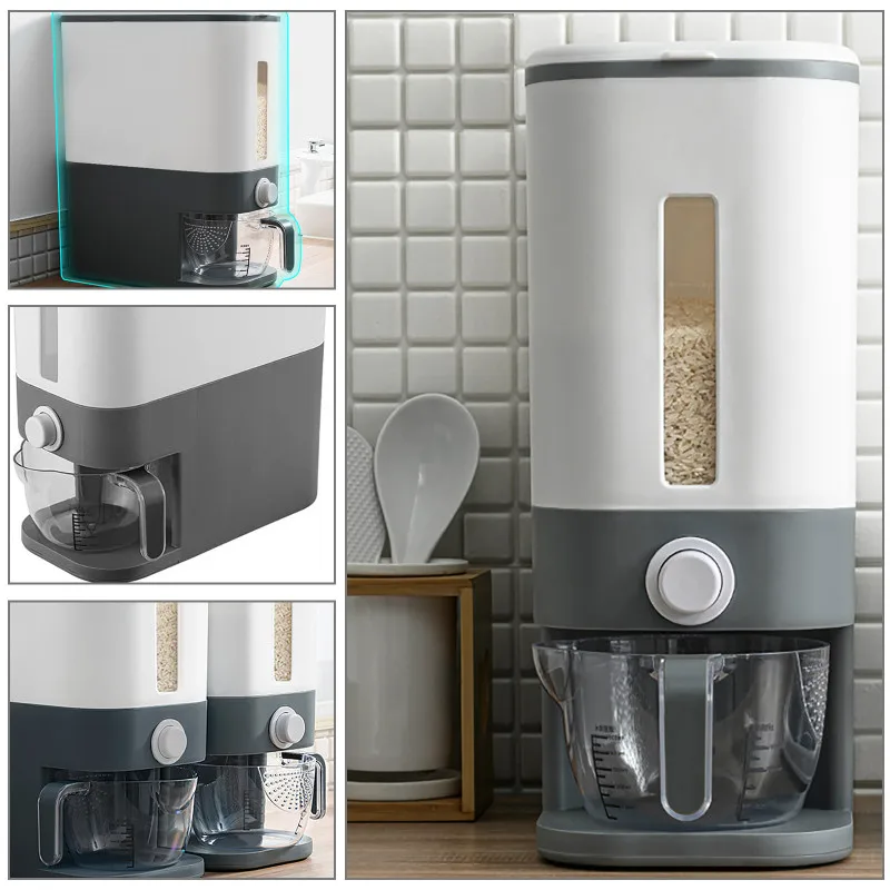 

Automatic Plastic Cereal Dispenser Storage Box Measuring Cup Kitchen Food Tank Rice Container Organizer Grain Storage Cans Case