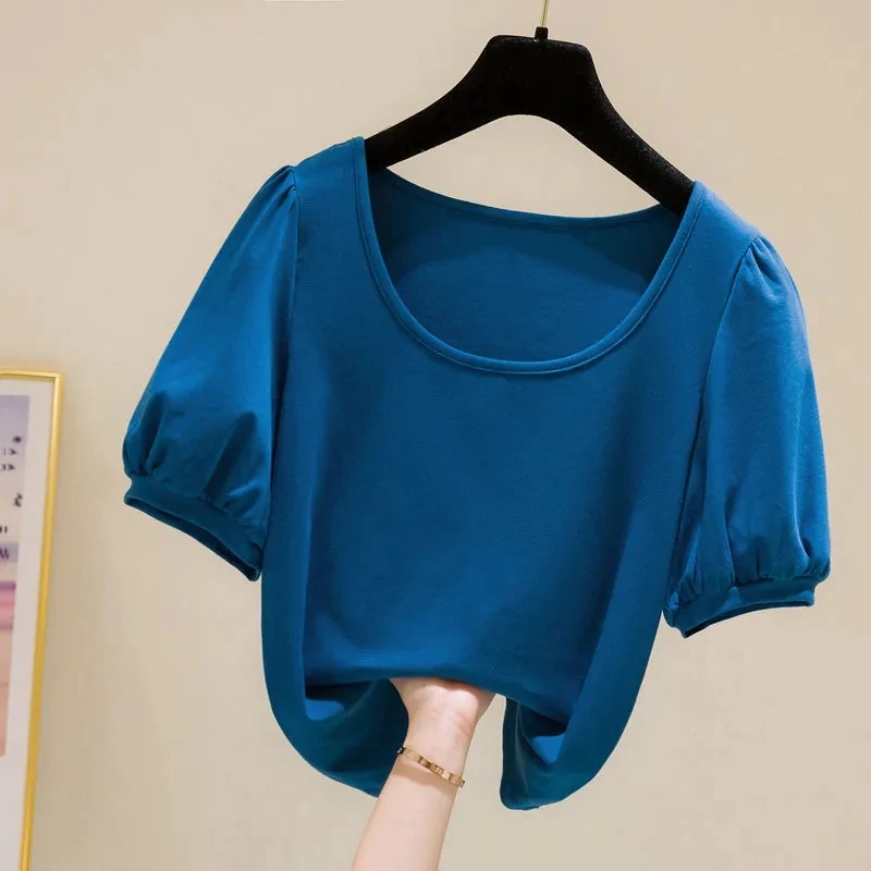 

French square neck puff sleeve top women 2021 summer new loose chic design sense niche U-neck short-sleeved t-shirt