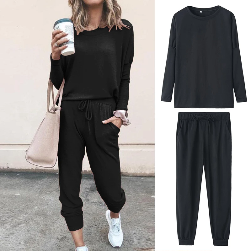 

2021 Spring Summer Tracksuit Women 2 Piece Set Sweatshirt And Elastic Waist Long Pants Casual Solid Outfits Female Clothes