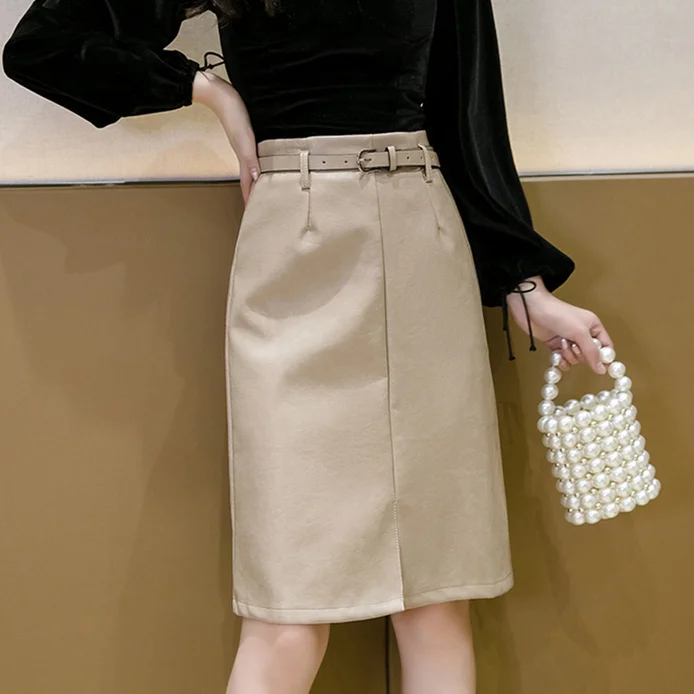 

2021 Autumn Autumn PU Leather Skirt New Elegant Midi Skirts High Waist Front Split Sheath Wrap Skirts with Belt Female