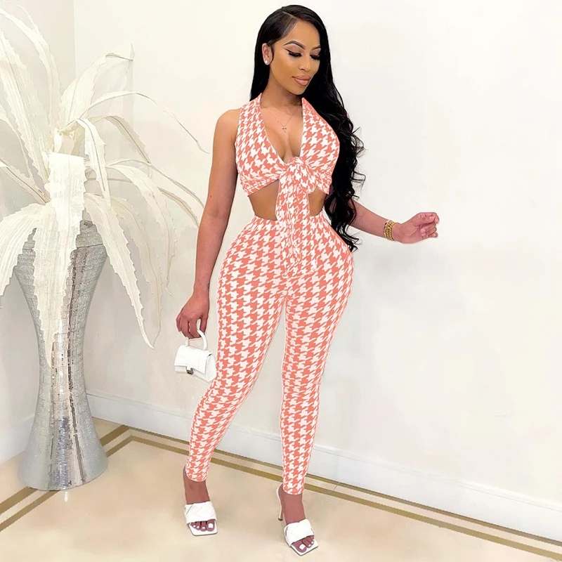 

Beyprern New Chic Houndstooth Printed Tied Front Matching Pant Set Two-Piece Suits Vintage Skinny Club Wear Workout Overalls