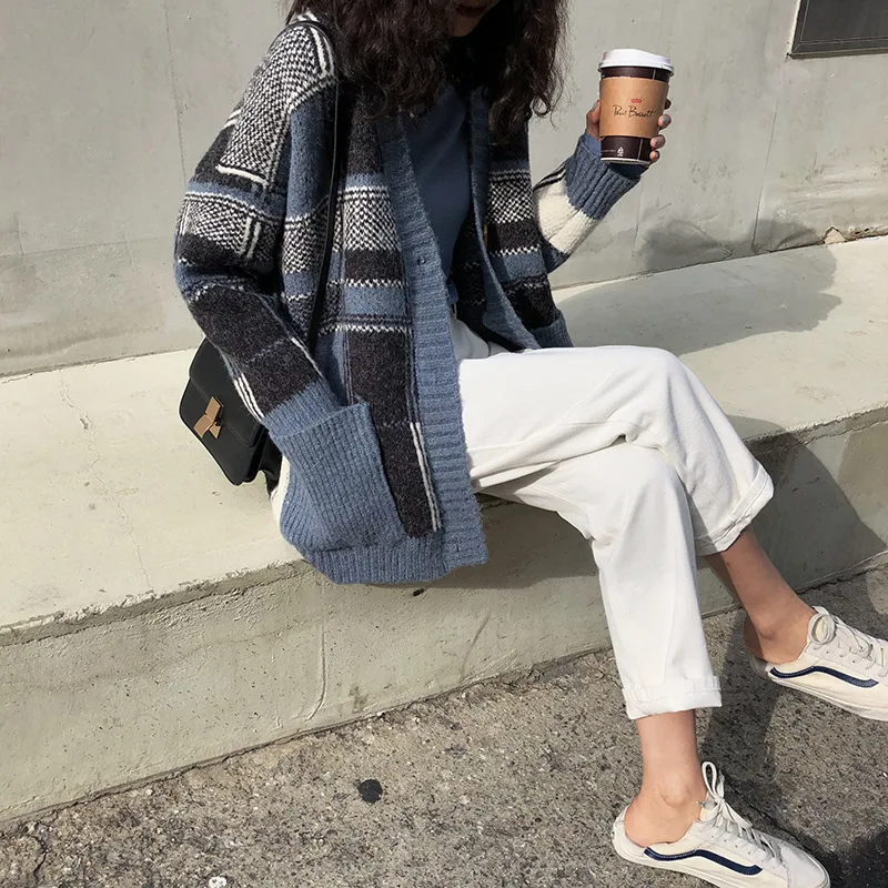 

Contrast Color Loose Knitted Cardigan Stitching Coat Women 2020 Autumn And Winter Sweater Fashion Cardigan Jumper Truien Dames