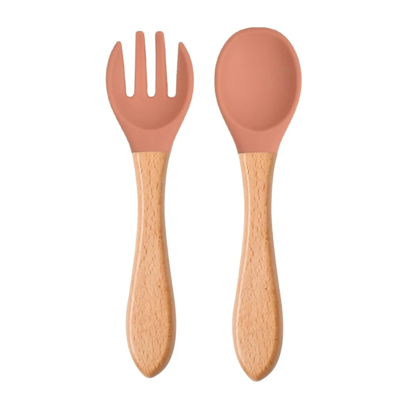 

2Pcs Silicone Tips Baby Feeding Training Spoon and Fork Set with Wooden Handle Toddlers Infant Eat Independent Accessory H055