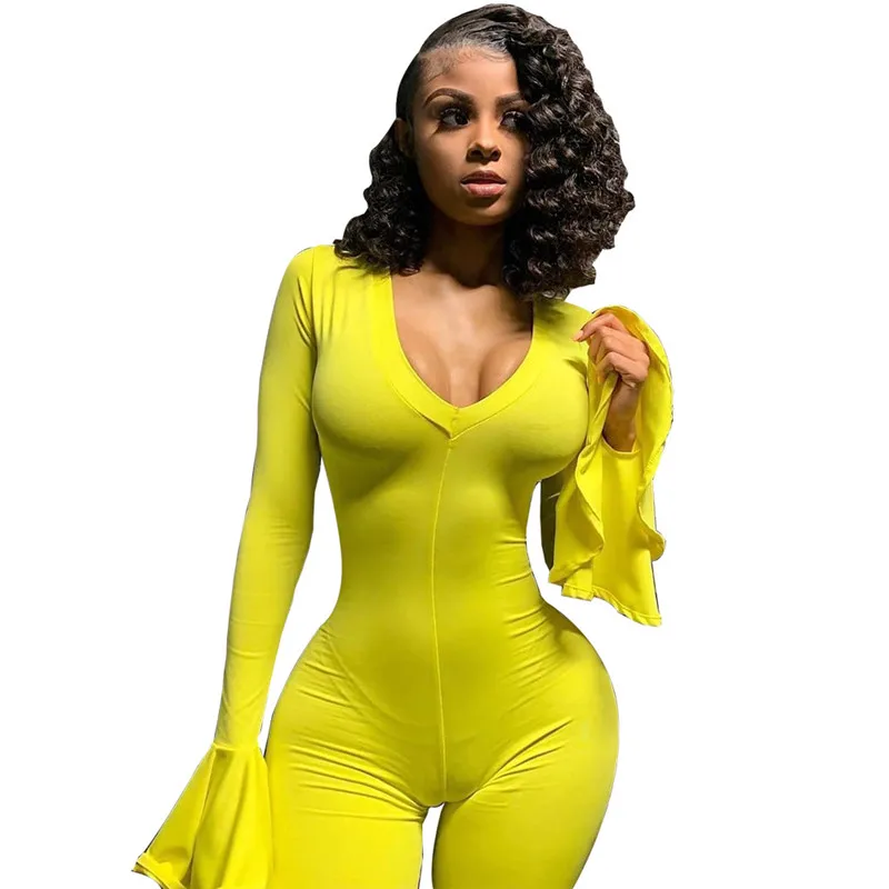 Осенний комбинезон Женский бандажный с v образным вырезом длинным рукавом