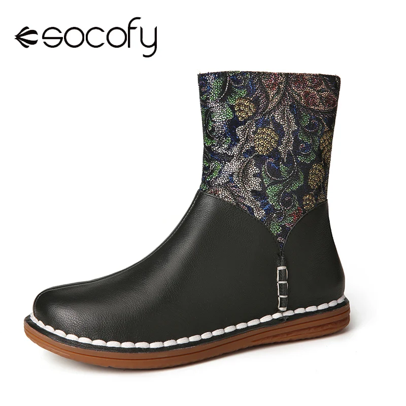 

SOCOFY Women's Boots Retro Comfy Round Toe Splicing Printed Leather Stitching Side Zipper Flat Soft Sole Short Boots New Spring