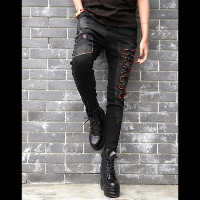 Женские узкие джинсы в стиле хип хоп черные хлопковые карандаш с вышивкой