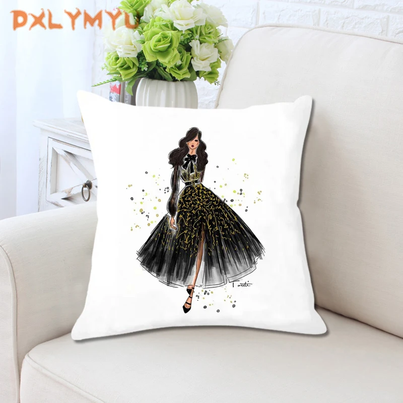 

Fashion Pillowcase Soft Plush Cushion Cover Watercolor Woman Painting Print White Throw Pillow Case Waist Cushion Cover Sofa