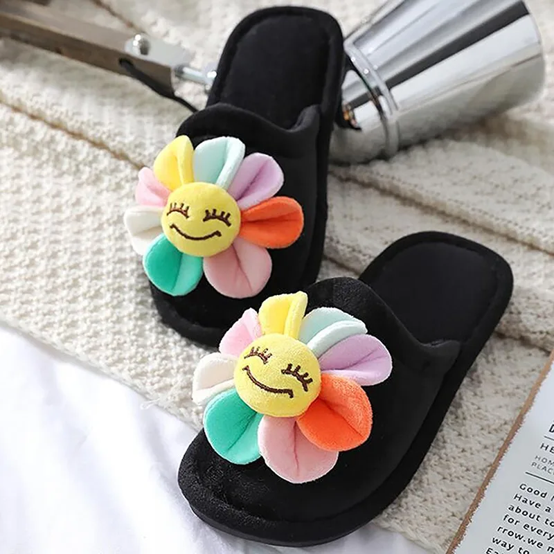 

Winter House Fur Slippers Women Warm Cotton Shoes Cute Sunflower slippers Indoor Bedroom Non-slip Ladies Furry Slides