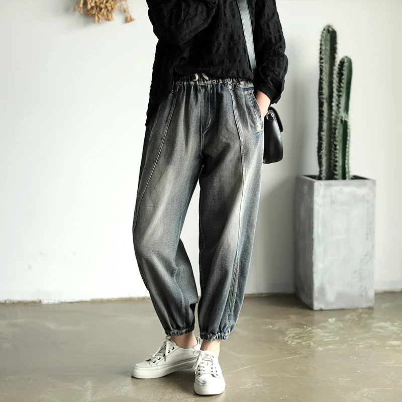 Осенние джинсы женские модные ретро свободные 2019 Новый женский эластичный пояс