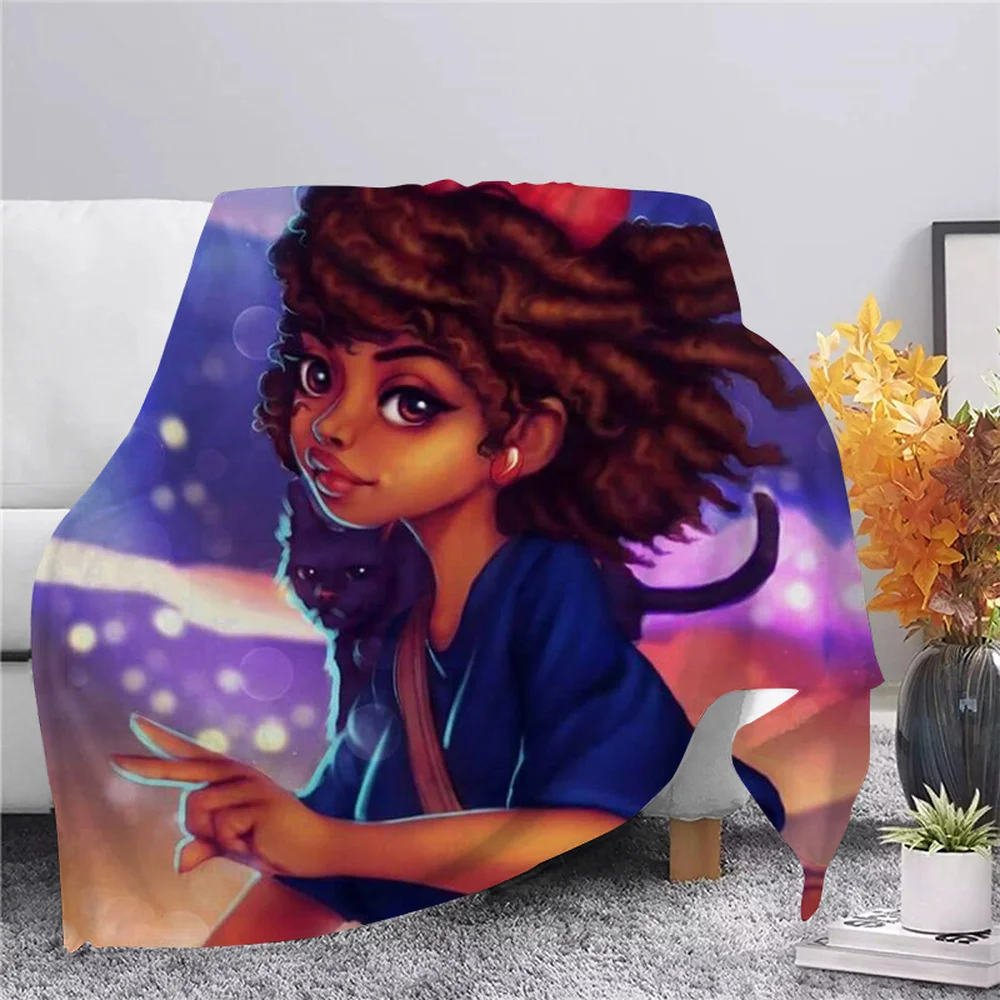 

Manta de franela con estampado 3D para niña Afro, colcha bonita de dibujos animados, estilo de ensueño, para el hogar, sofá, rop