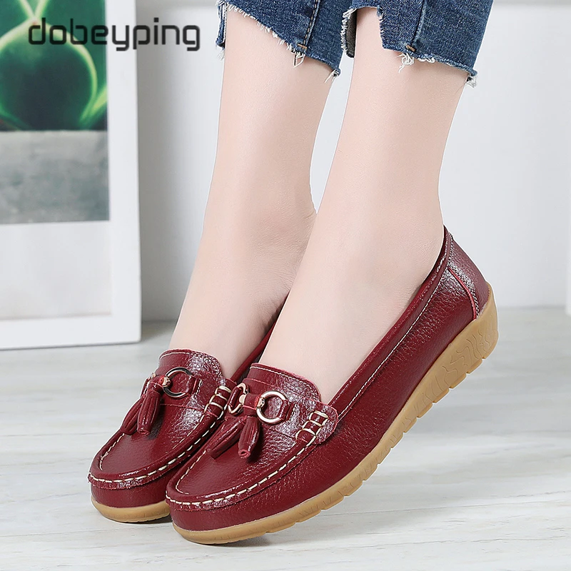 New Genuine Leather Shoes Woman Slip On Women's Flats Moccasins Female Loafers Spring Autumn Soft Mother Shoe Plus Size 35-44