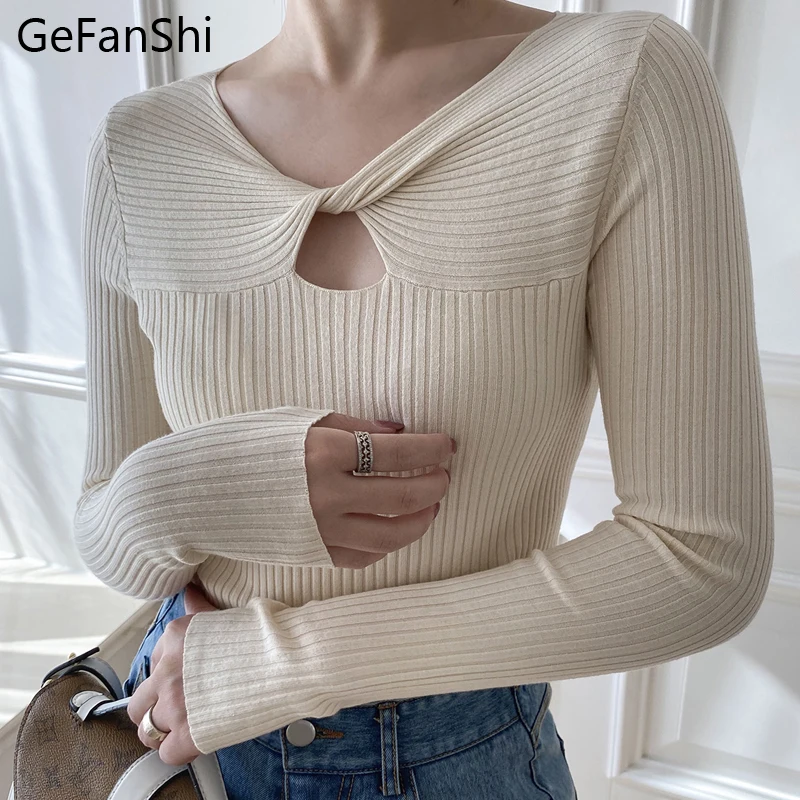 New Autumn Winter Fashion Twist Together V-neck Pullovers Knitted Ladies Sweater Womens Solid Slim Long Sleeve Top | Женская одежда