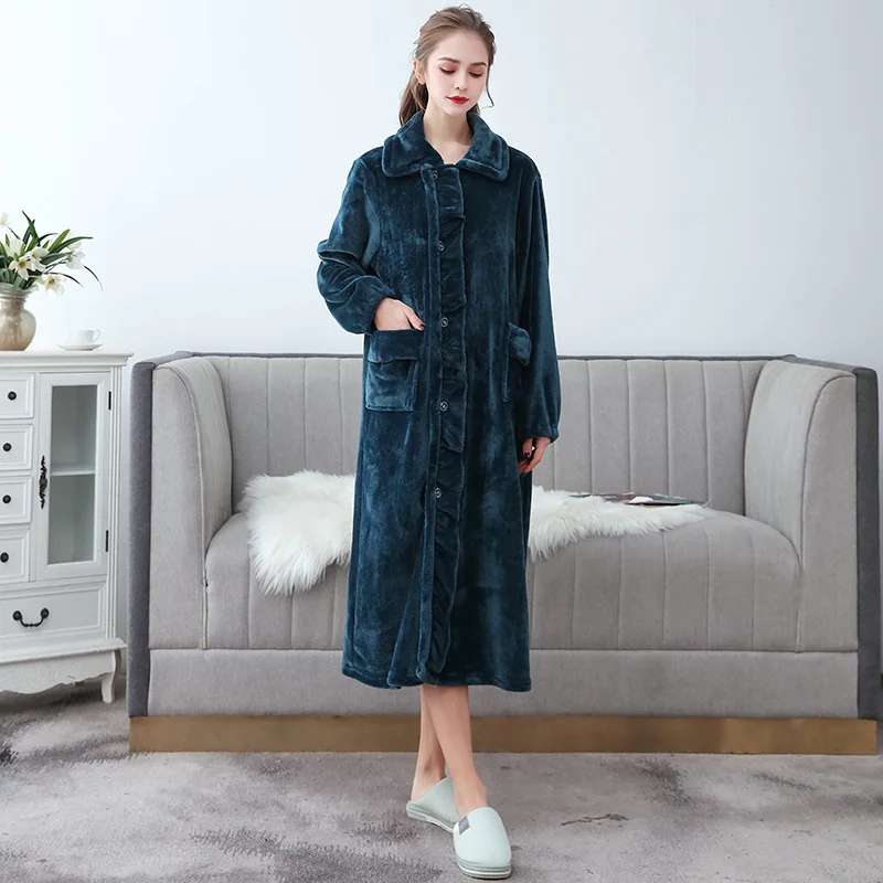 

Women Bathrobe Winter Thicken Warm Flannel Bath Robe Long Plus Size Night Dressing Gown Nightgown
