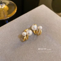 925 silver needle korean simple high sense temperament metal freshwater pearl c shaped design small public ear ring