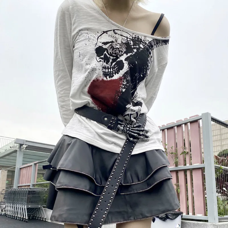 SXGOTH Goth Printed Skeleton Grunge Alt Tops Egirl Emo Long Sleeve Harajuku Dark Academia Pullover Oversized Shirt Fall Clothes