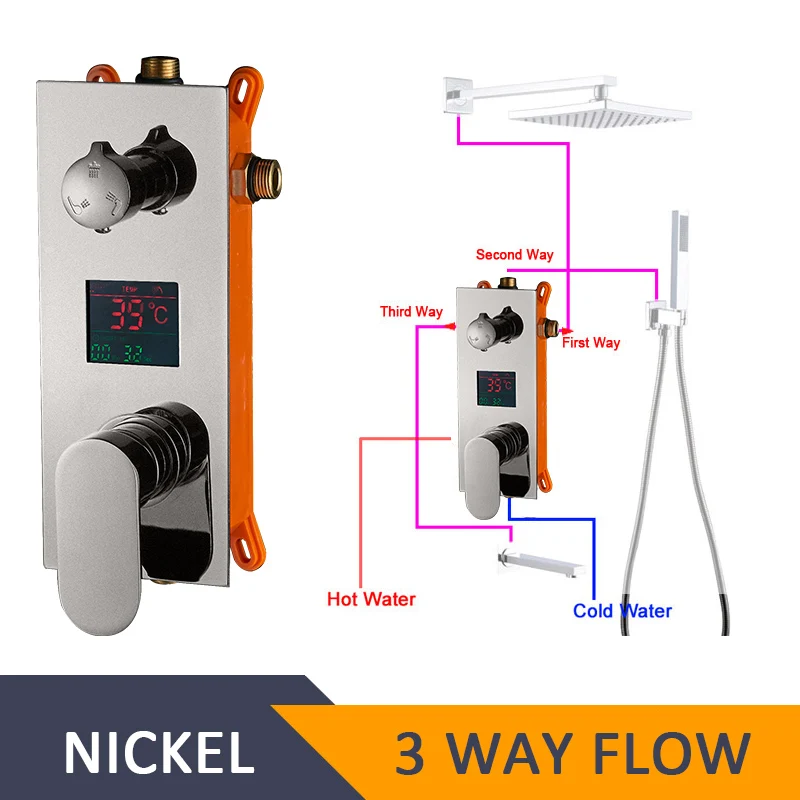 Nickel 3 Way ULGKSD смеситель для душа для ванной комнаты 2/3 выходов Отображение температуры воды настенный смеситель для душа клапаны - Цвет: Nickel 3 Way