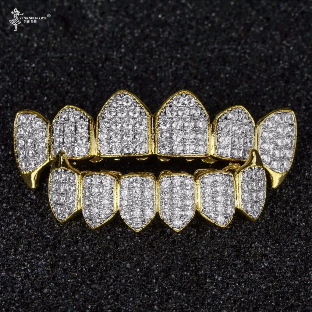 

Pure Gold Color & Silver-Plated Hip Hop Grillz Micro Pave CZ Gold Fang Top&Bottom Grillz Mouth Teeth Grills Vampire Set For Men