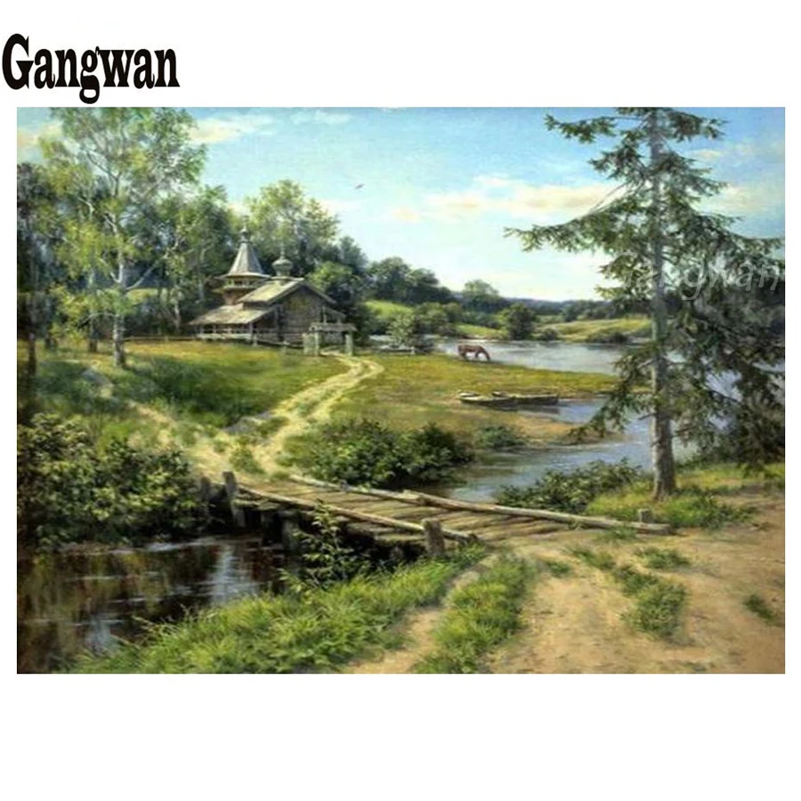 

diy rhinestone diamond painting mosaic cross stitch natural scenery village greet tree view 5d embroidery kits full square round