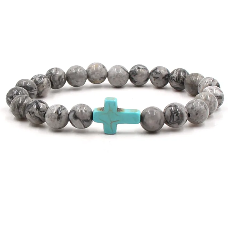 

New Fashion 9 Colors Turquoise Cross Pendant Natural Stone Rosary Beads Bracelet Multi-style Jewelry Gift For Men Women