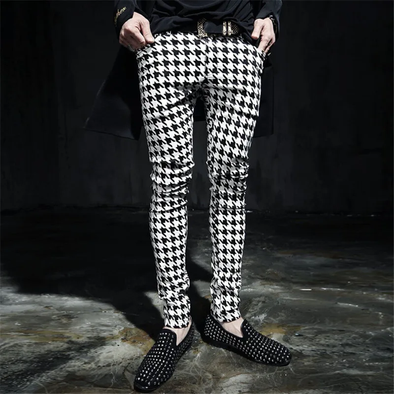 M-6XL! custom Men's trousers  Men's trousers autumn and winter casual  male personality houndstooth skinny pants