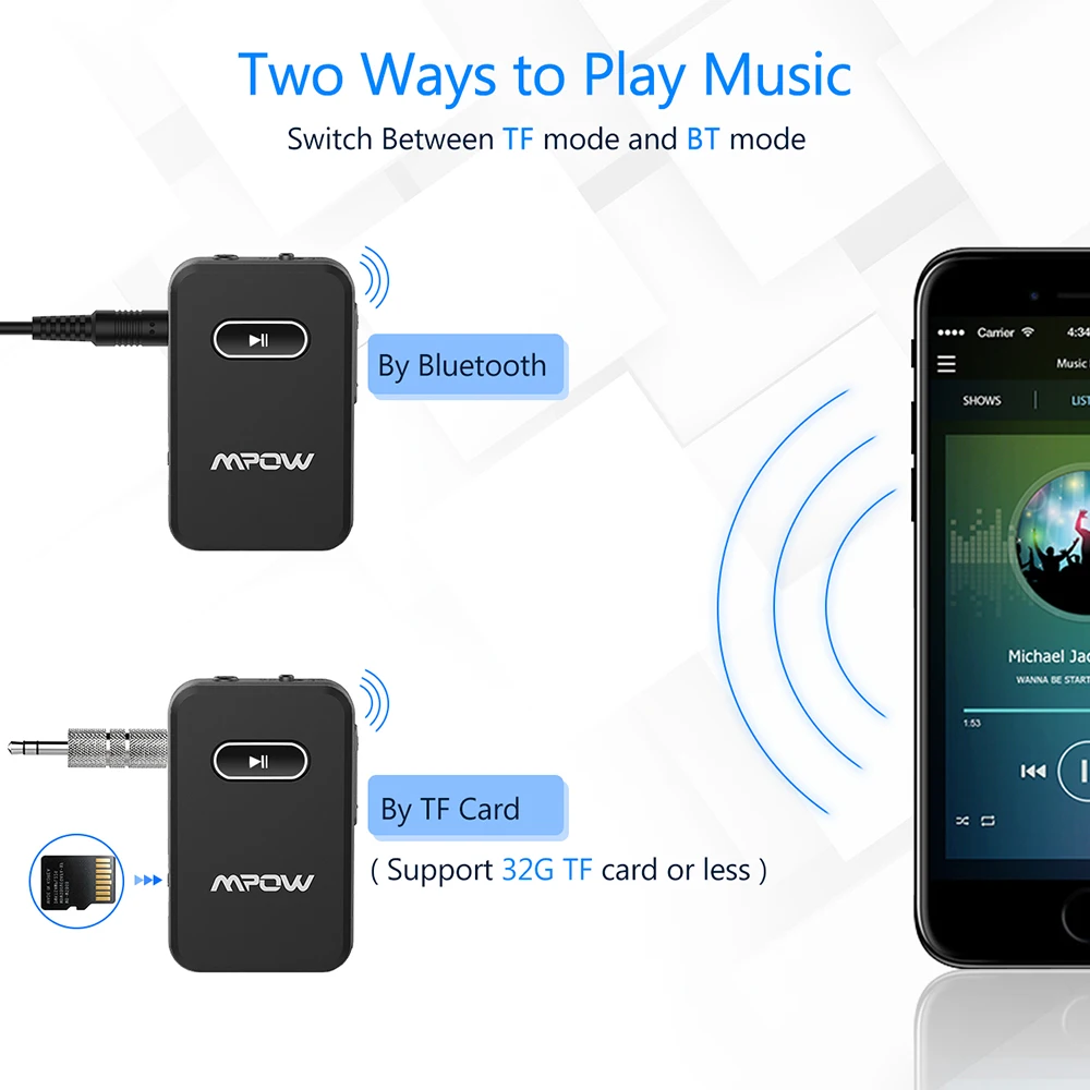 Mpow BH182 Bluetooth адаптер Bluetooth 4,0 приемник Поддержка TF карты с 8H воспроизведения шумоподавления микрофон громкой связи для автомобильного аудио