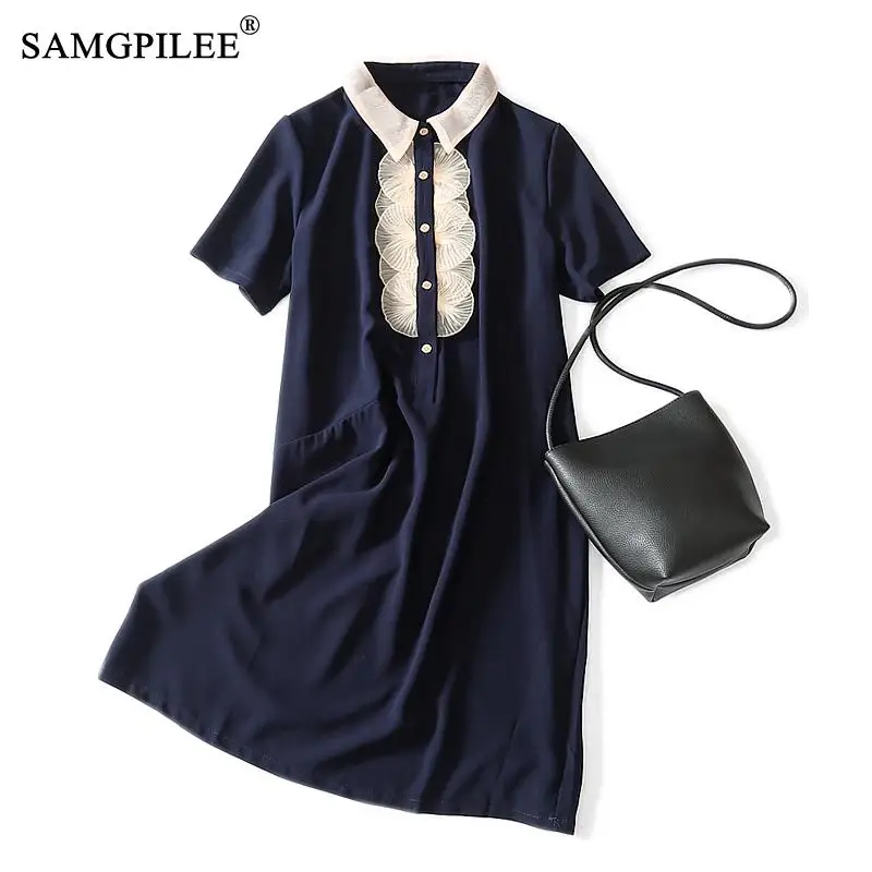 

Женская одежда 2021 Новинка офисное женское однотонное элегантное платье А-силуэта с коротким рукавом с воротником в стиле ампир Питер Пэн же...