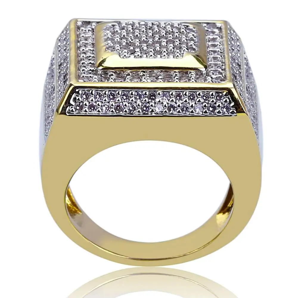 

Hip Hop Men Ring Copper Gold Color Plated Iced Out AAA + Micro Pave Cubic Zircon Square Rings Hip Hop Jewelry For Women Men Gift