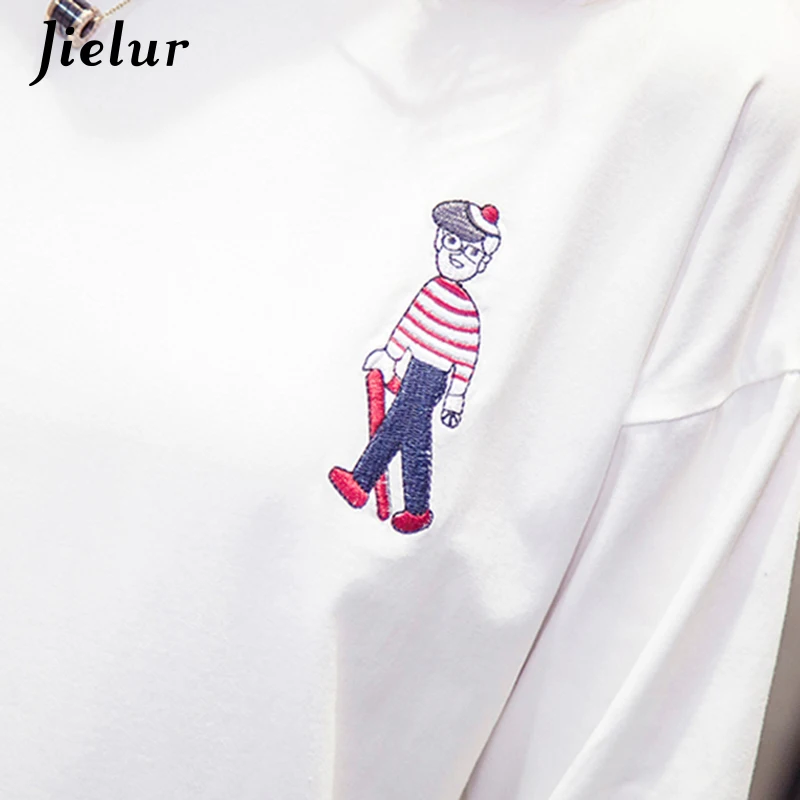 Jielur осень мультфильм вышивка футболка с длинным рукавом для женщин Белый Черный