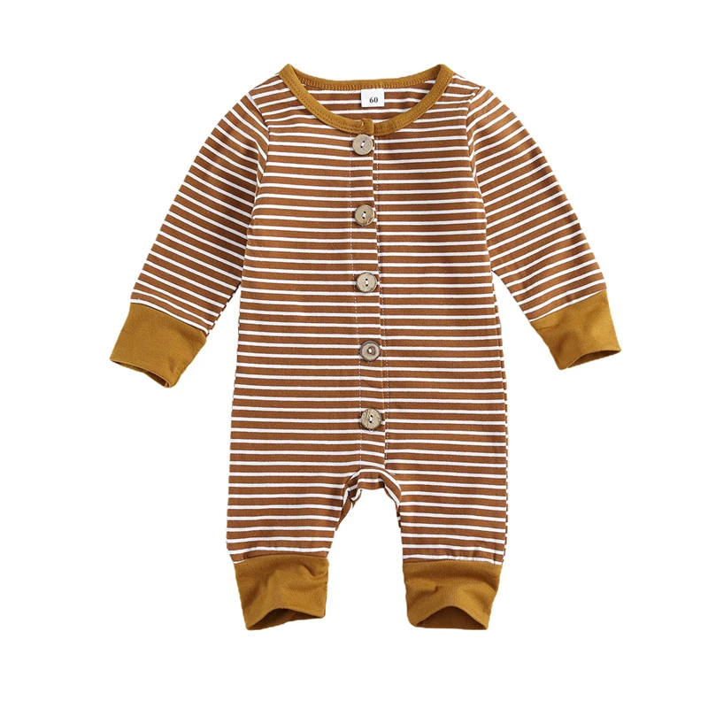 

2020 Newborn Baby Striped Romper Infant Long Sleeve O-neck Jumpsuit Toddler Kids Button-up Outfit for Spring Fall 6 colors