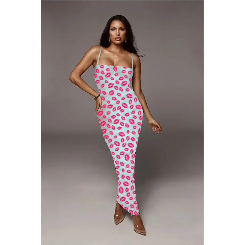 

Summer Spaghetti Strap Butterfly Dress Women Sexy Strapless Sleeveless Red lips Print Bodycon Tube Dress White Pencil Dress Robe
