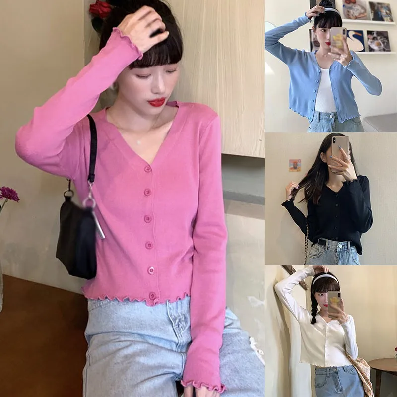 

Women's Sweaters Early Autumn V-neck Knitted Cardigan Ladies Long-sleeved Button Short Solid Color Tops