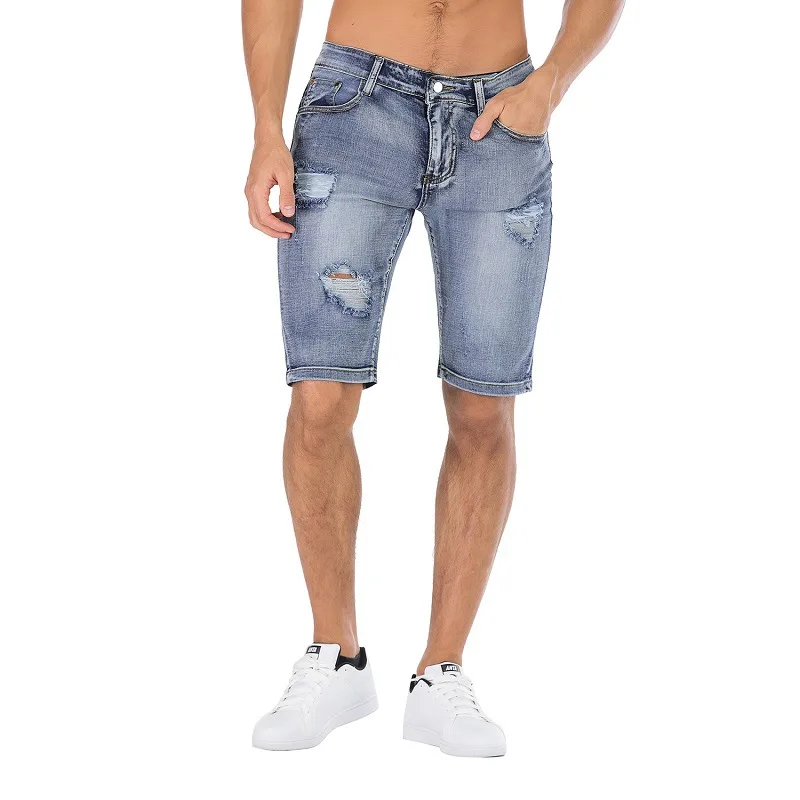 Blue washed stretch denim men cargo shorts bermuda homme male fashion shorts Washed denim short men jeans shorts homme size 42