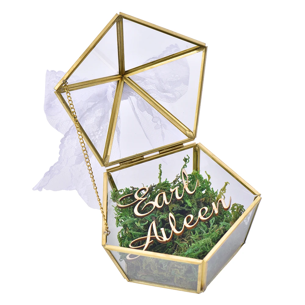 Personalized Ring Box Engraved Name Wedding Glass Pillow Jewelry Pentagon Geometric Copper Holder Customized Favor | Дом и сад