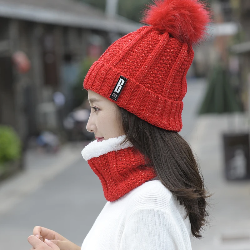 Женская и мужская зимняя шапка шарф набор вязаный теплый помпон шапочки наборы