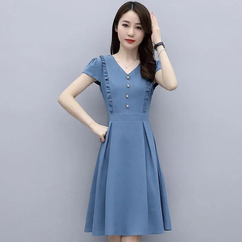 

Women's Spring Summer Dress Women's V-neck Comfortable Ice Silk A-line Skirt Button Decoration Slim Temperament Dress SS3025
