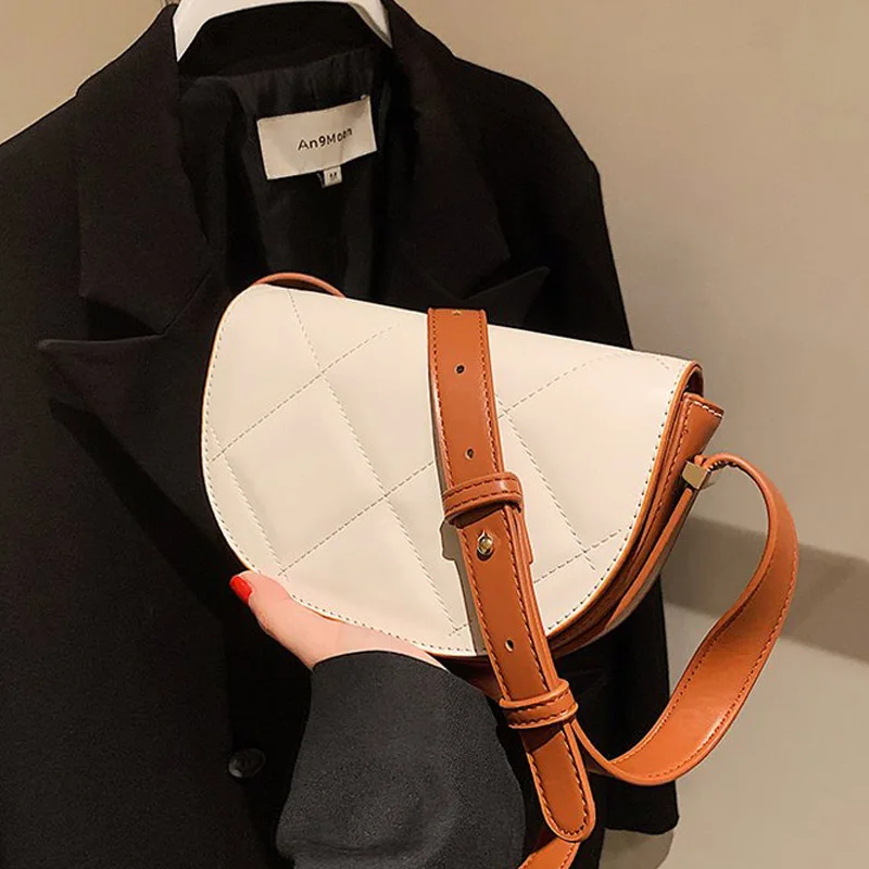 

Lattice Designer Flap Saddle Bags Winter Contrast Color PU Leather Crossbody Bags Women Handbags Quality Shoulder Messenger Bag