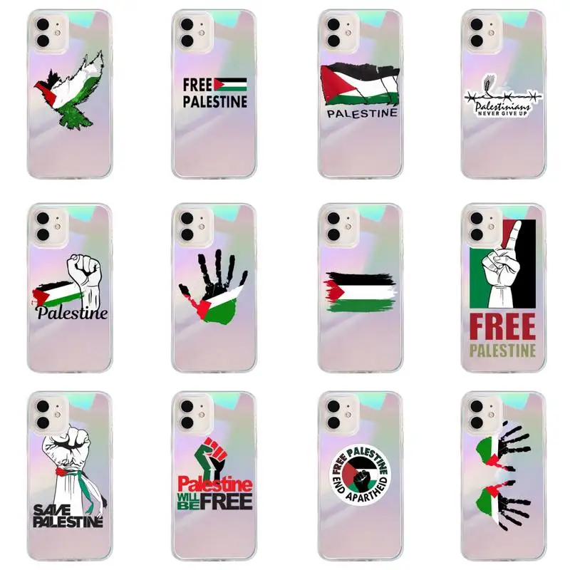 

Free palestine Phone Case for iPhone huawei P 7 8 9 11 12 10 30 40 S X XS XR MINI Pro Max Plus laser Transparent Glitter