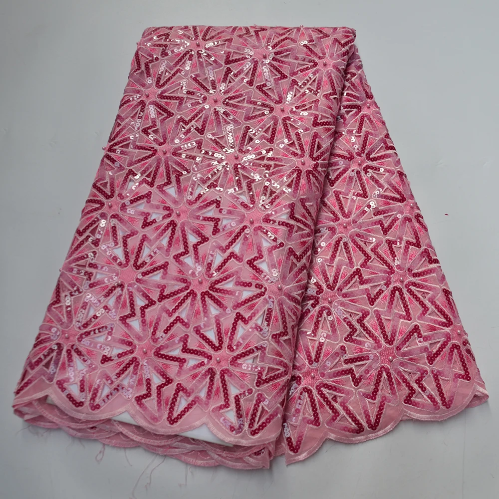 

High Quality Embroidered French Mesh Tulle Sequins Beaded African Double Organza Sequence Lace Fabric For Wedding Party Women