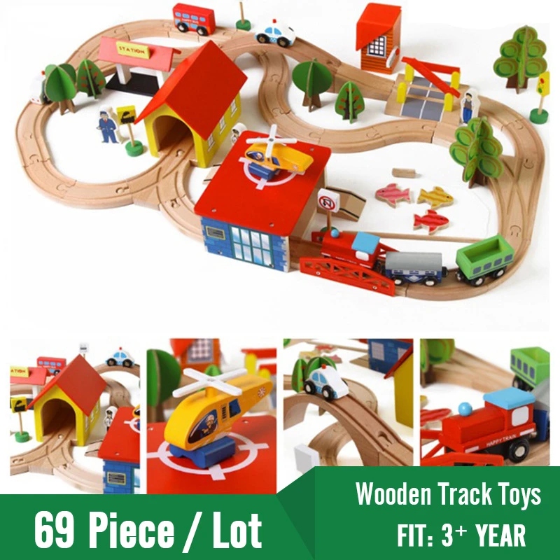 2019 Новый 69 шт./компл. строительные блоки деревянный набор железнодорожных