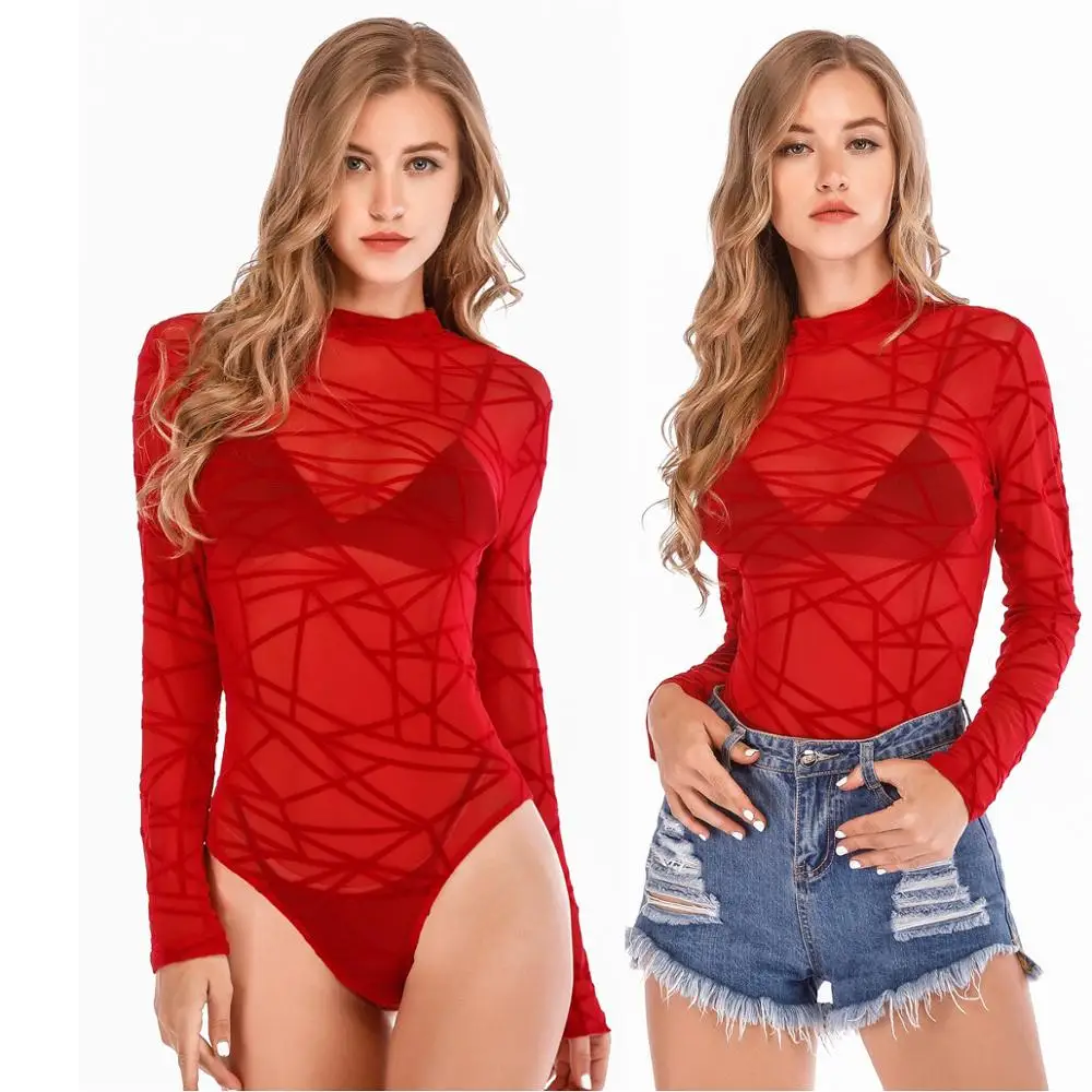 

Bodysuit Women Jumpsuit Bodycon Jumper Body Thong Skinny High Neck Underwear Mesh Transparent Lace Long Sleeve Sexy Christmas