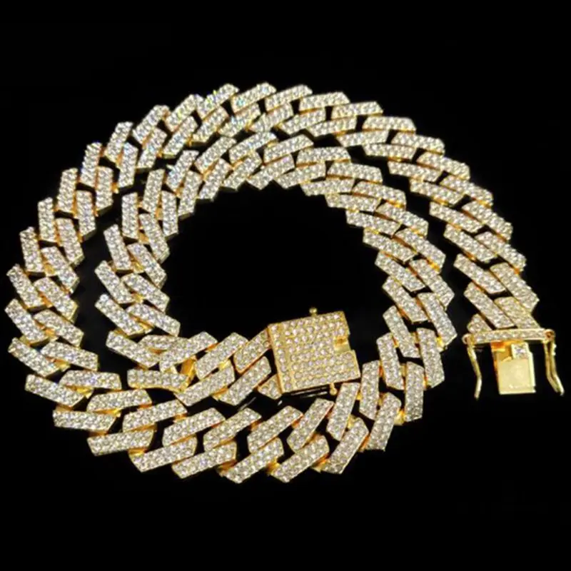 

Hip Hop AAA Bling 20MM Prong Cuban Chain 2 Row Iced Out Men's Necklace Rhinestone Zircon Paved Necklaces For Men Women Jewelry