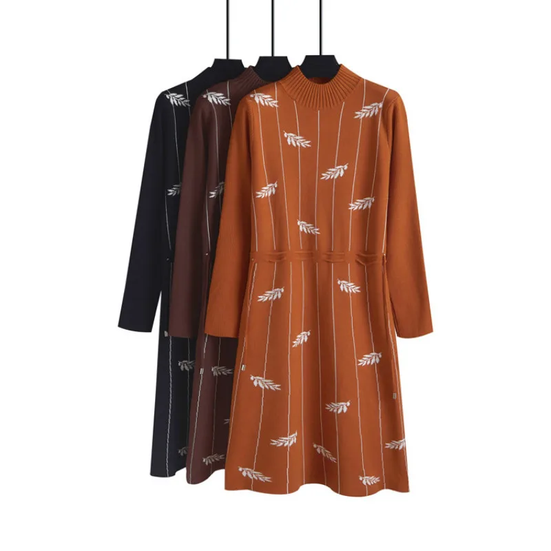 Плотное вязаное платье для женщин на осень 2020 Повседневное с принтом листьев