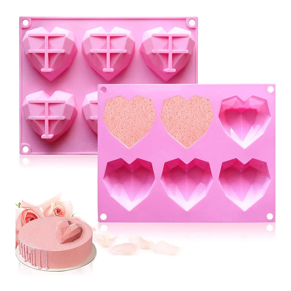 

6 Cavity 3D Diamond Love Heart Shape Mold Silicone Chocolate Cookie Muffin Baking Tool Sponge Mousse Dessert Cake Decorating