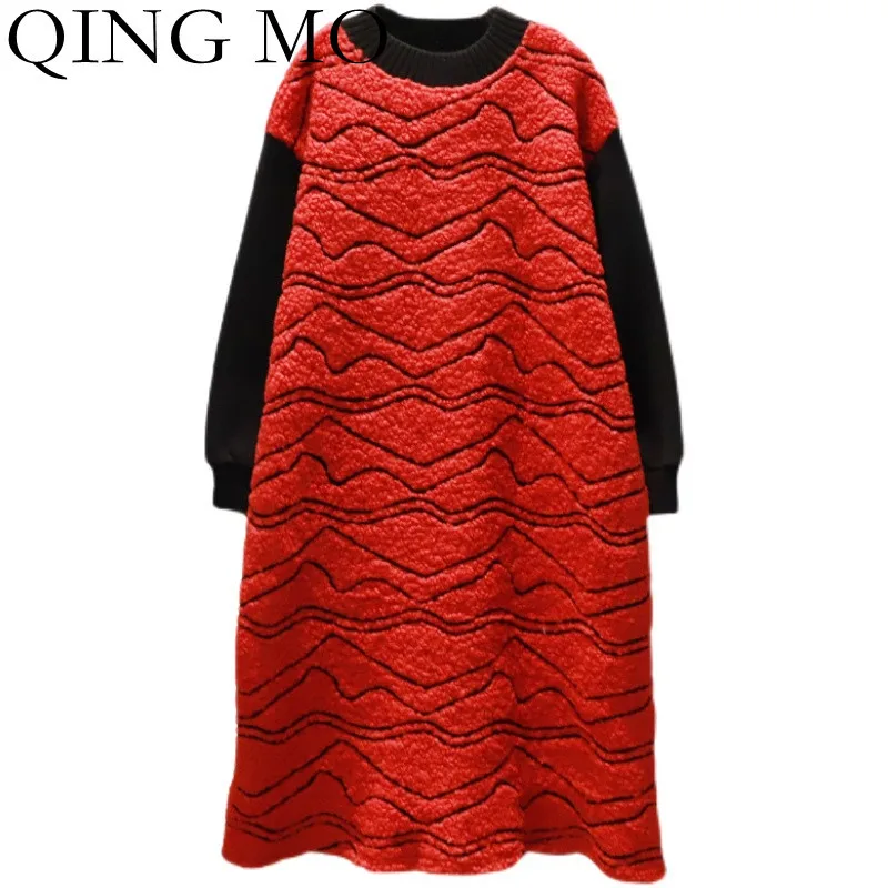 

QING MO Wave Pattern Round Neck Long Sleeved Pullover Dress Women 2021 Autumn Winter New Loose Large Size Thicker Dress ZWL1610