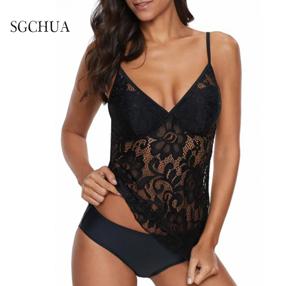 

Sexy Solid Black Two Piece Swimsuit Mesh Floral Printed Tankini Top With Bikini Triangle Shorts Plus Size Deep V Biquini Famale