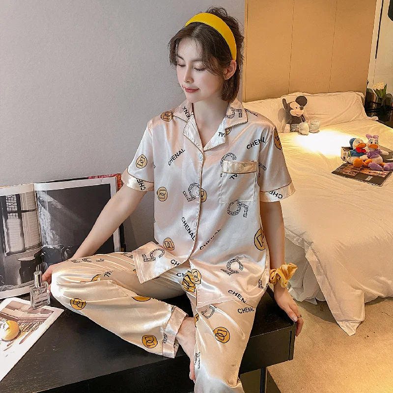 2021 New Ice Silk Imitation Silk Pajamas Women's Summer Short Sleeve Pants Nightwear Printed Cardigan Lapel Home Wear Sleepwear