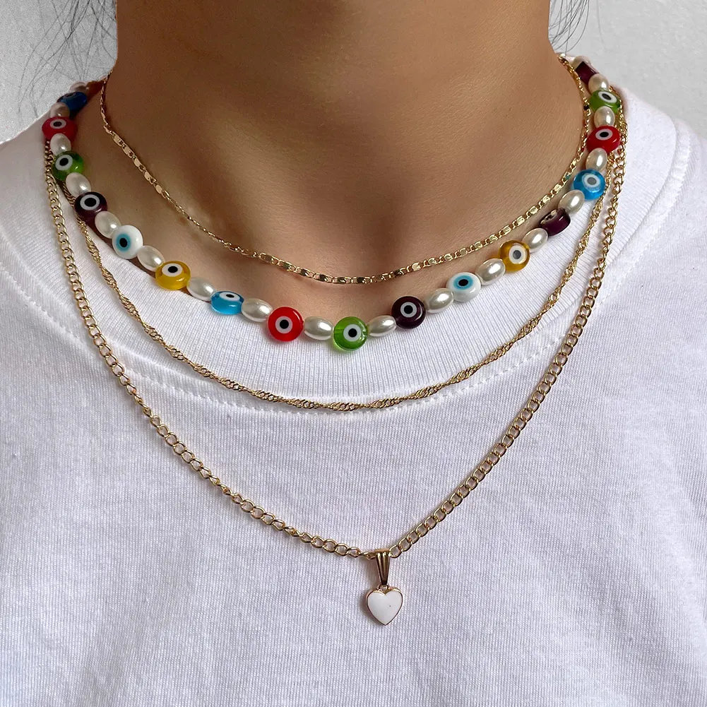 

Colorful Turkish Evil Eyes Pearl Beaded Choker Necklace for Women Multilayer Simple Heart Metal Chain Necklace Boho Jewelry Gift